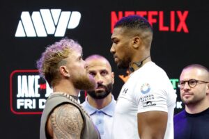Jake Paul dwarfed by Anthony Joshua in heavyweight boxing face-off