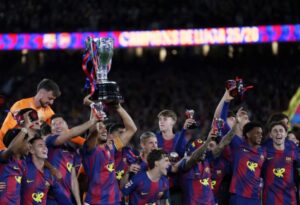 Barcelona fans celebrate winning La Liga title in El Clasico